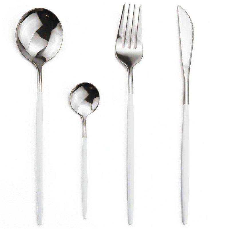 JANKNG 24-Piece Flatware Set, 18/0 Stainless Steel Knife Fork Spoon Teaspoon Silverware Set, Service for 6, White Handle Silver - Image 2